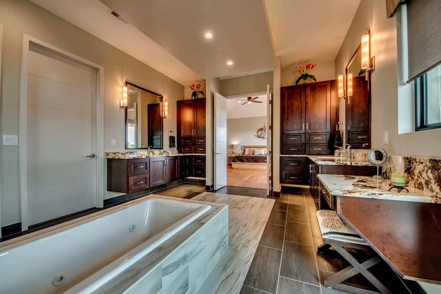 Bathroom with dual vanity and freestanding tub