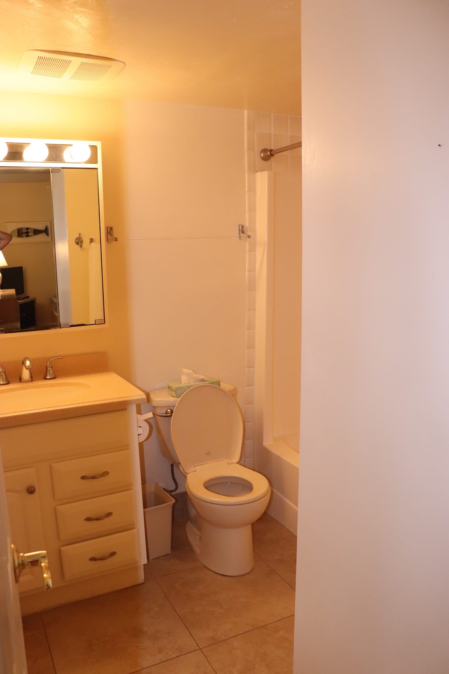 Dated peach bathroom with tub and shower