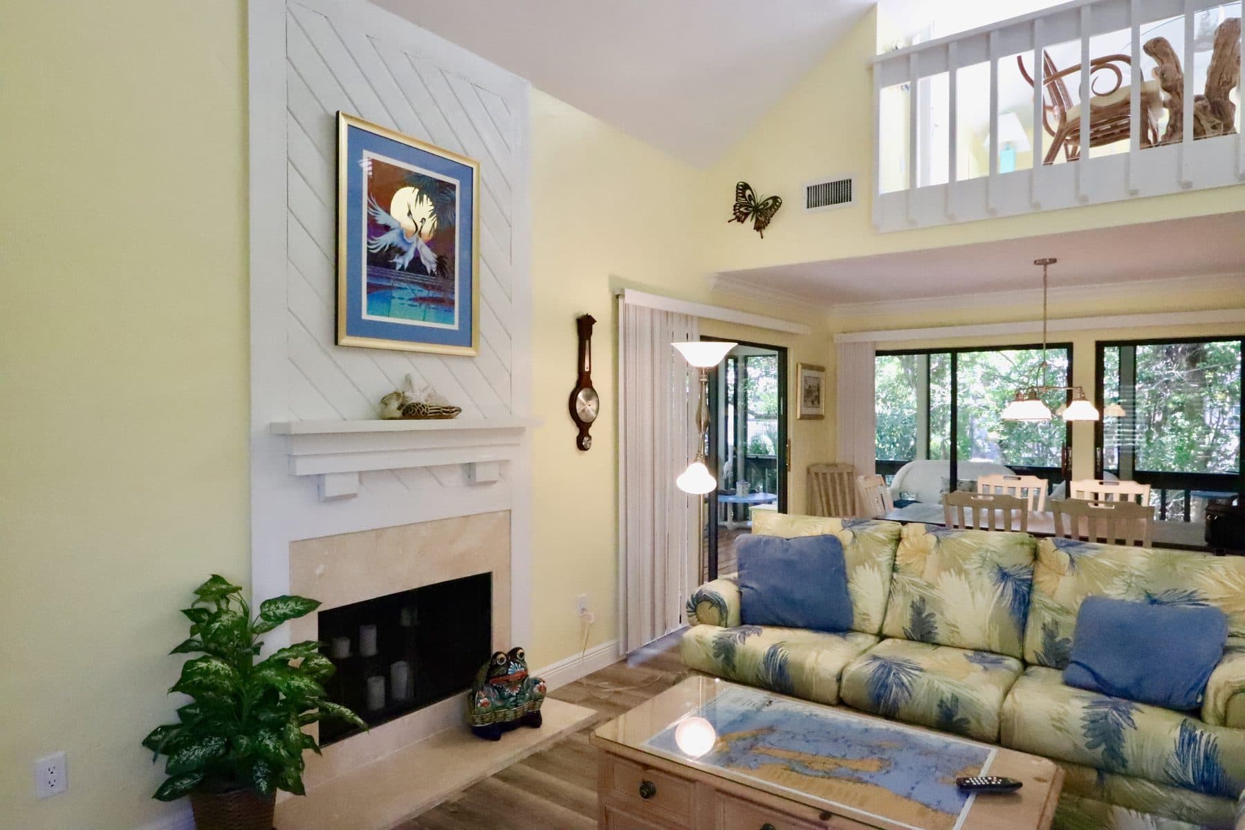 Living room fireplace with seating