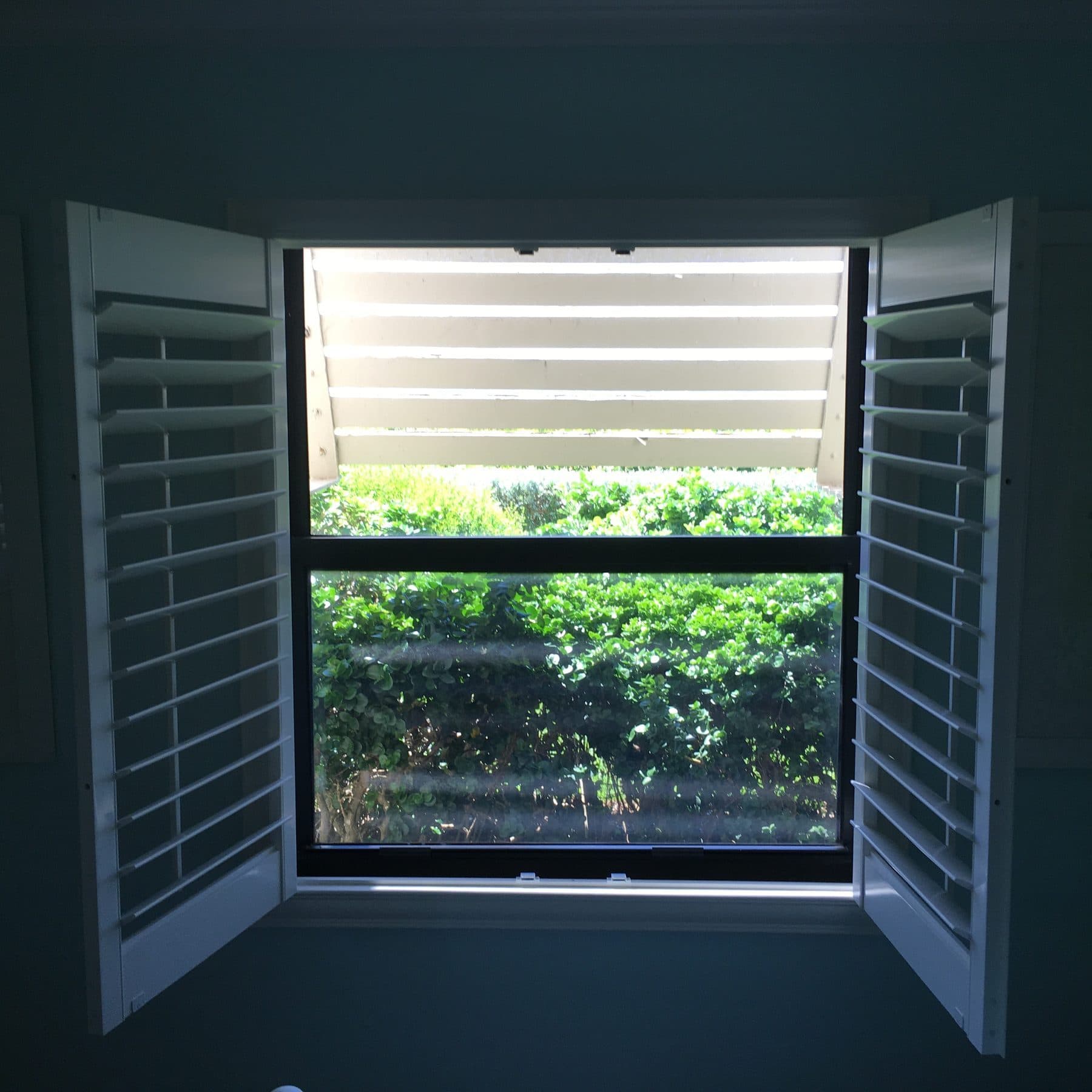 Close-up of plantation shutters with a garden view